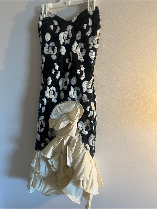 Vintage Dresses & Skirts - Vintage Black and White Sequin Strapless Dress with Cream Ruffle Hem